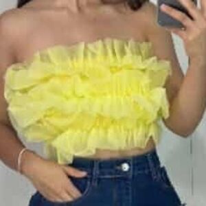 Sunny Yellow Ruffled Strapless Crop Top